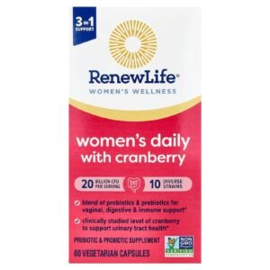 Renew Life Women's Daily 3-in-1 Prebiotics & Probiotics with Cranberry, 20 Billion, 60 Capsules