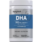 PipingRock Omega-3 DHA 300 mg plus Vitamin D3, 150 Mini Softgels